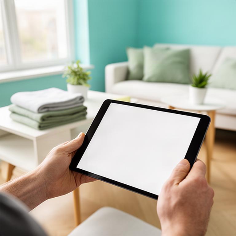 Person reading cleaning service information on a tablet beside a tidy room