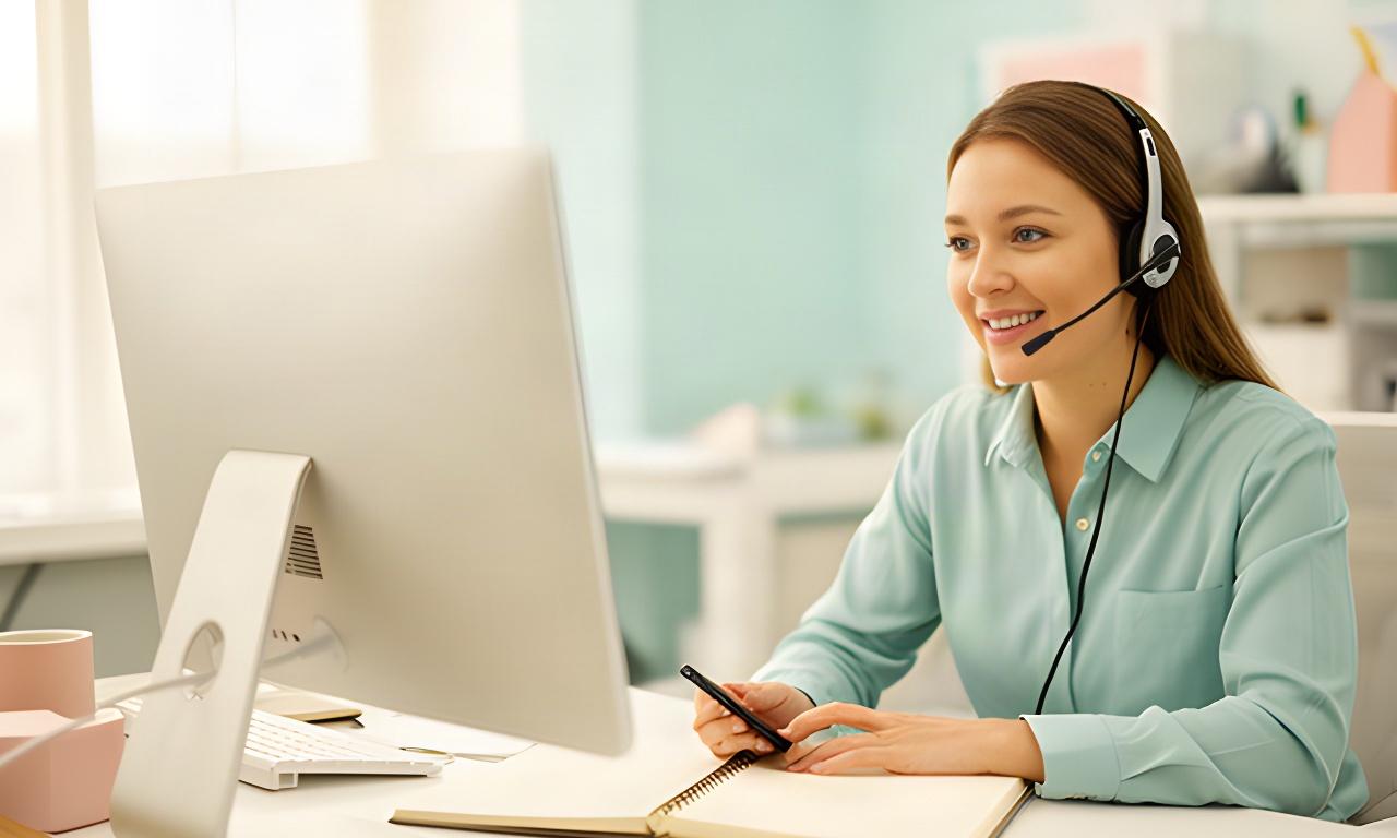 Friendly cleaning service coordinator answering a customer inquiry at an office desk