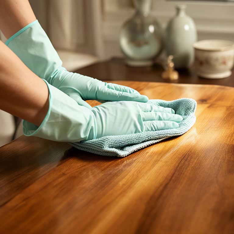 Cleaner carefully wiping a delicate wood surface in a well-kept room