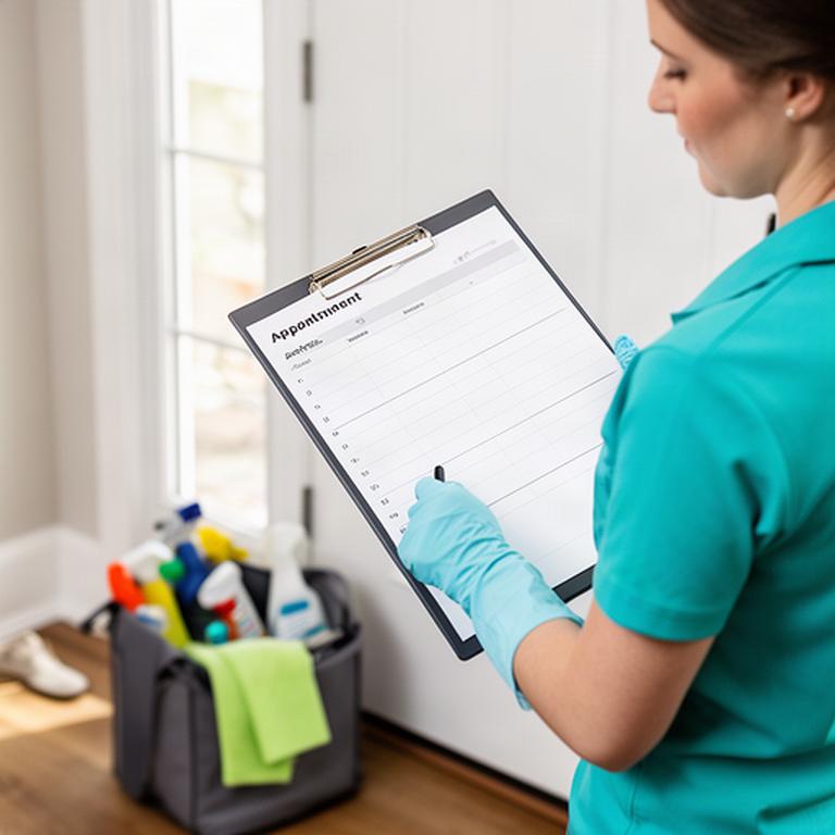 Cleaner checking a residential appointment schedule on a clipboard
