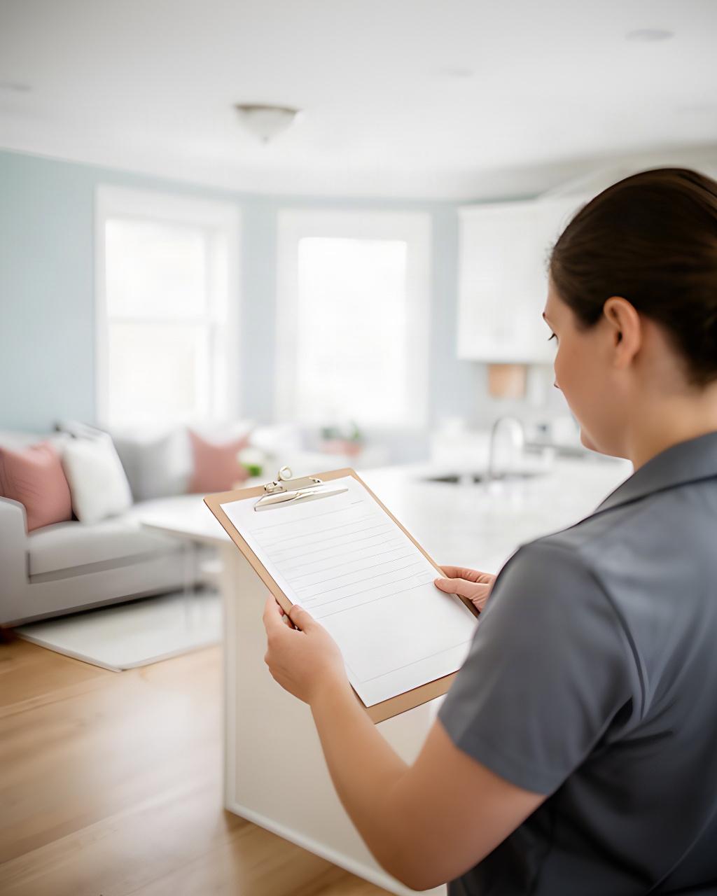 Cleaning supervisor reviewing a move service checklist inside a bright Bartlesville home