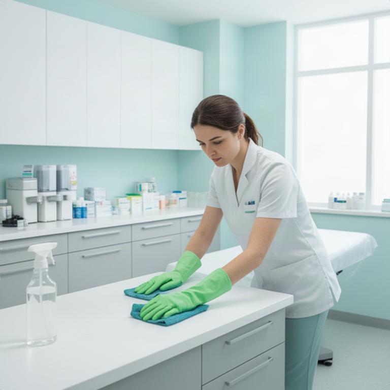 Sanitization of a bright medical office exam room with organized supplies