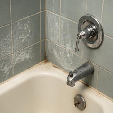 Bathroom tile and fixtures before detailed cleaning