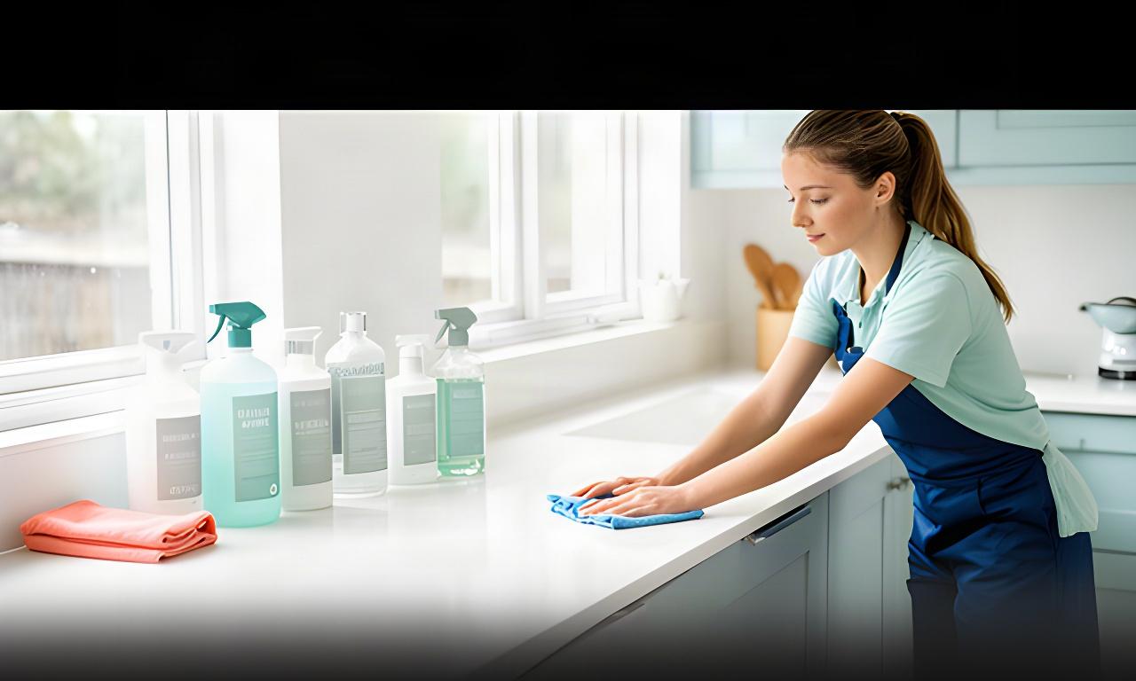 Cleaning professional wiping a bright Bartlesville kitchen counter beside organized supplies