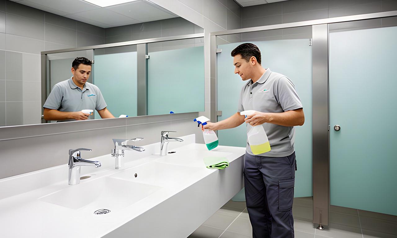 Janitorial worker sanitizing a clean business restroom with polished fixtures