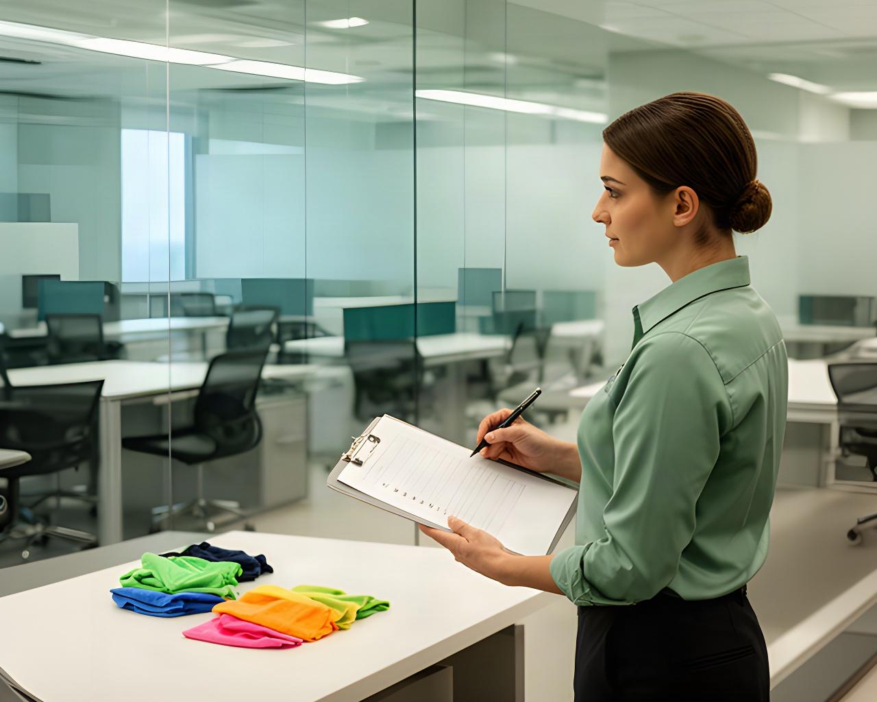 Cleaning supervisor inspecting a completed commercial workspace with a checklist