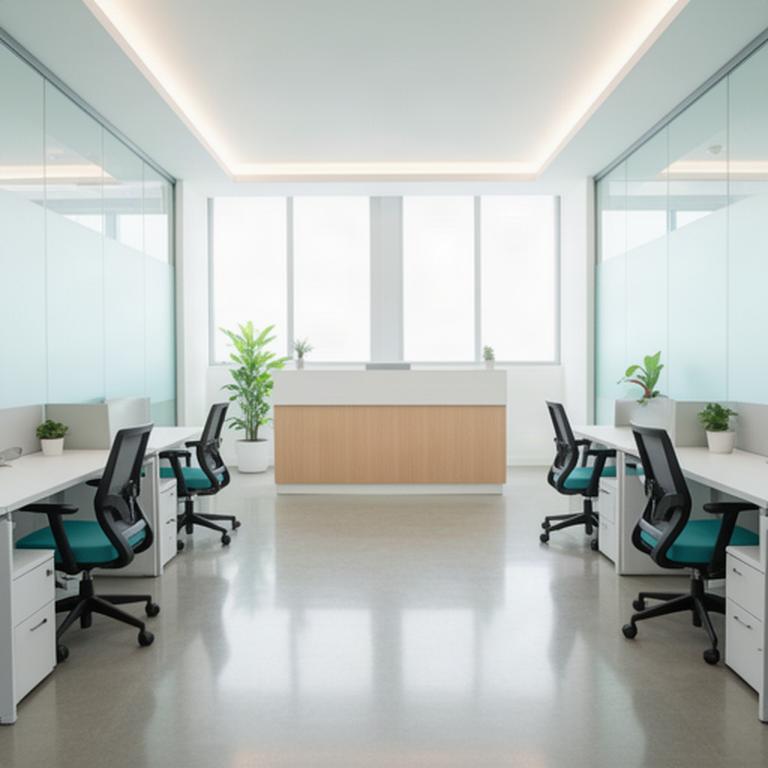 Freshly cleaned small office with clear desks and a bright reception area