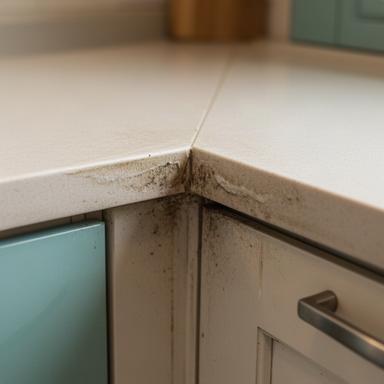 Kitchen counters and cabinet edges before a deep cleaning