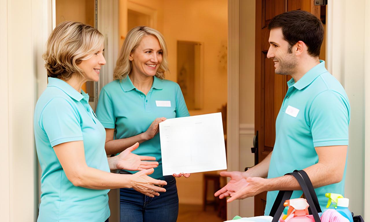 Cleaning team discussing a service checklist at a residential doorway