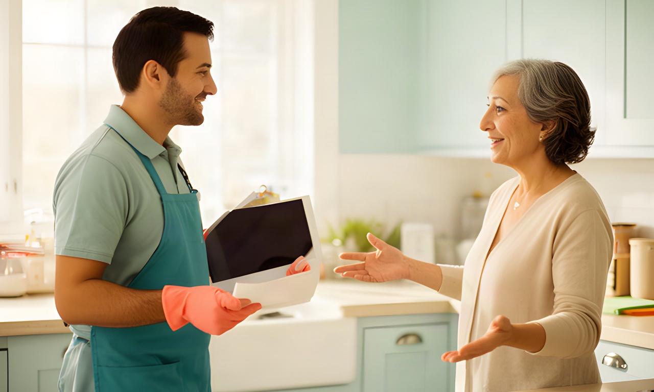 Cleaning professional discussing service details with a homeowner in a tidy kitchen