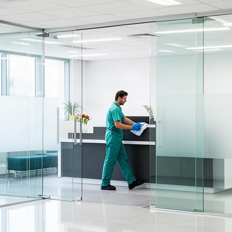 Janitorial worker cleaning a modern office reception area with glass doors