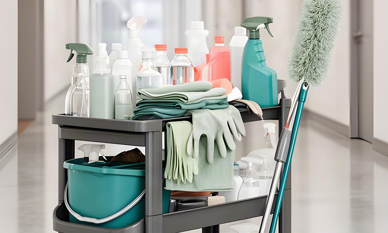 Organized commercial cleaning cart with labeled supplies in a business corridor
