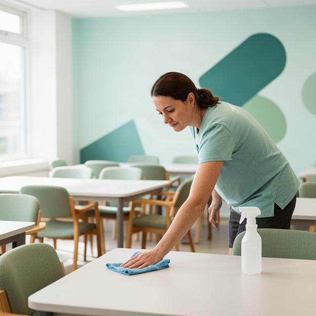 Cleaning team member wiping tables in a local nonprofit meeting room