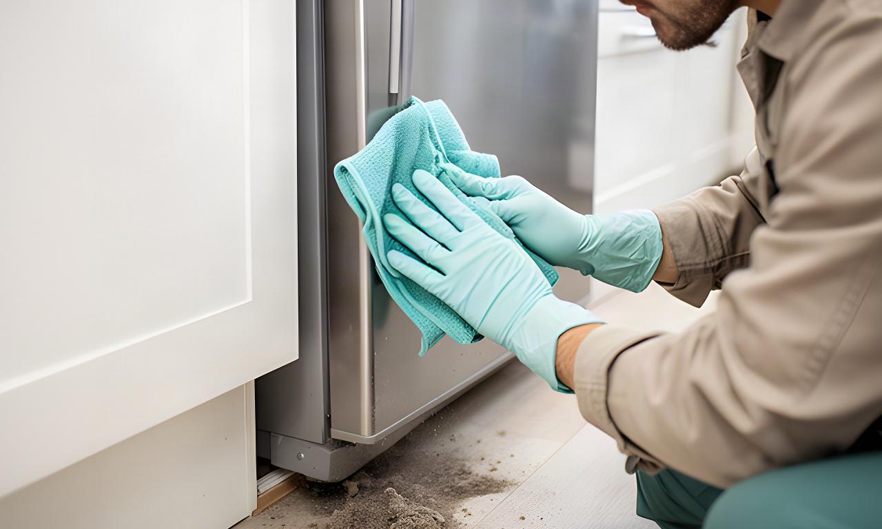 Cleaner wiping behind a refrigerator during a detailed deep clean
