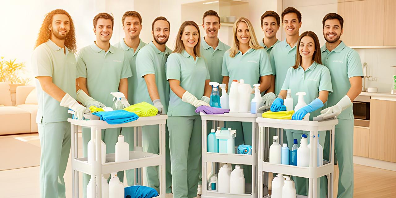 Friendly cleaning professionals standing together beside organised supply carts