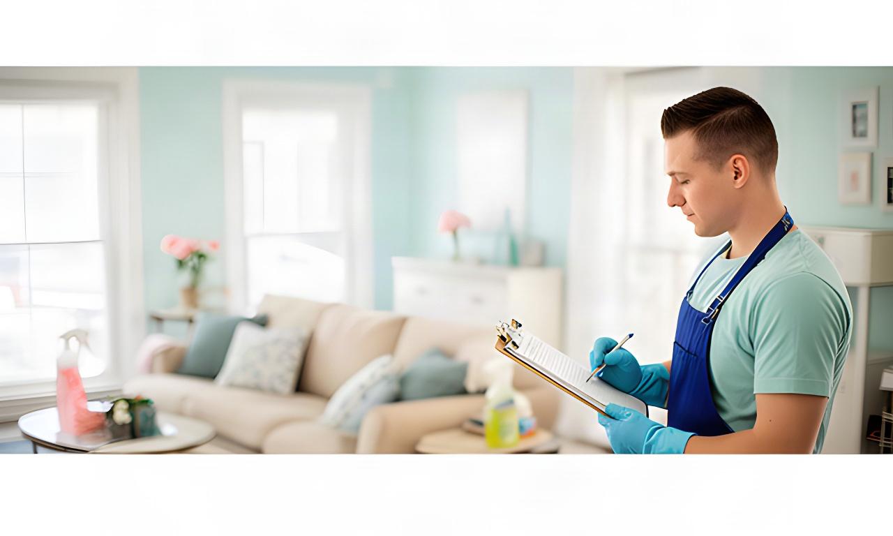 Cleaning professional reviewing service paperwork at a bright Bartlesville home